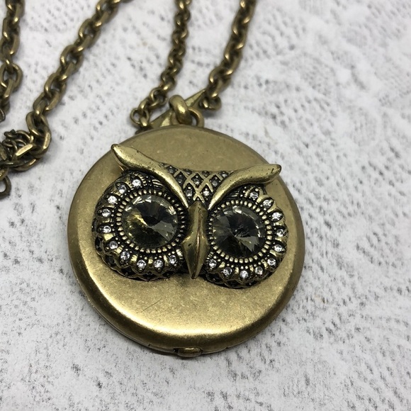 Fossil brand antique brass tone long locket owl pendant chain necklace boho - Picture 2 of 4